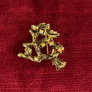 Twig and Leaf Design Brooch Gold Metal with Gold Seed Pearls with makers mark